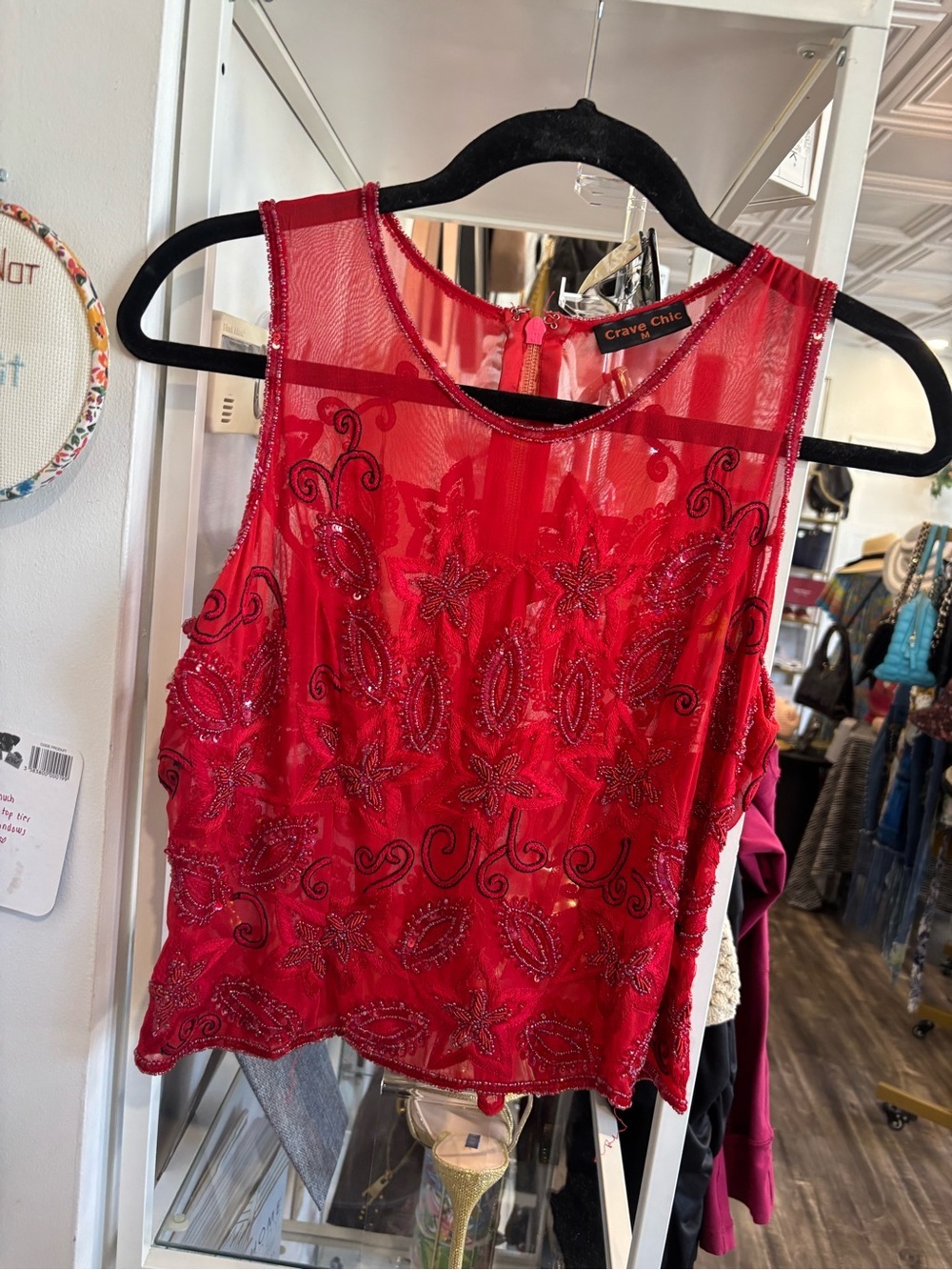 Crave Chic vintage Red Beaded Mesh Camisole Top
